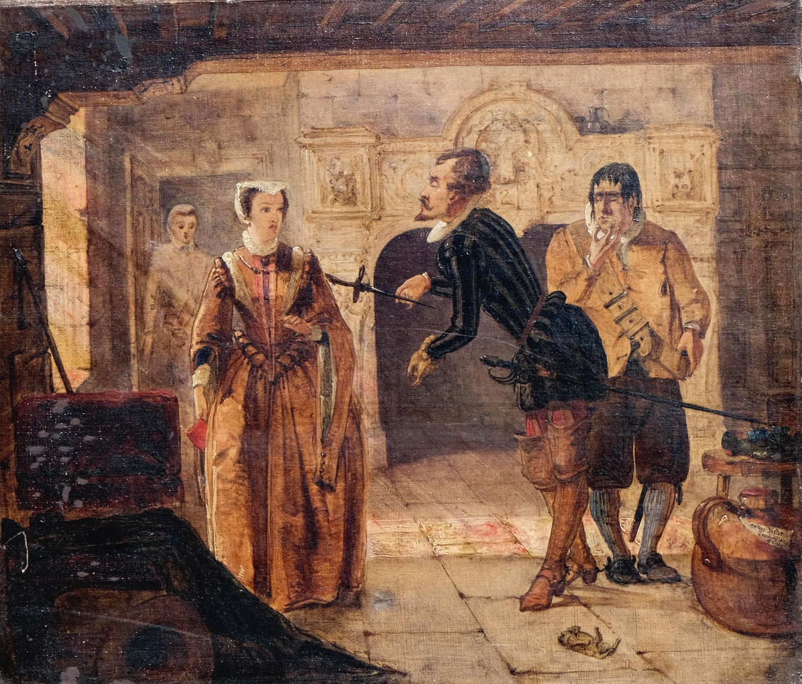 Andrew Morton, Surrendering his sword", Oil on Panel Painting: Keywords: British Painting, English Literature, Elizabethan Subject, Fine art, Waverly Novels, Sir Walter Scott, Romanticism, Academic Realism, Victorian Era Painting, Historical Genre Scene, Neoclass