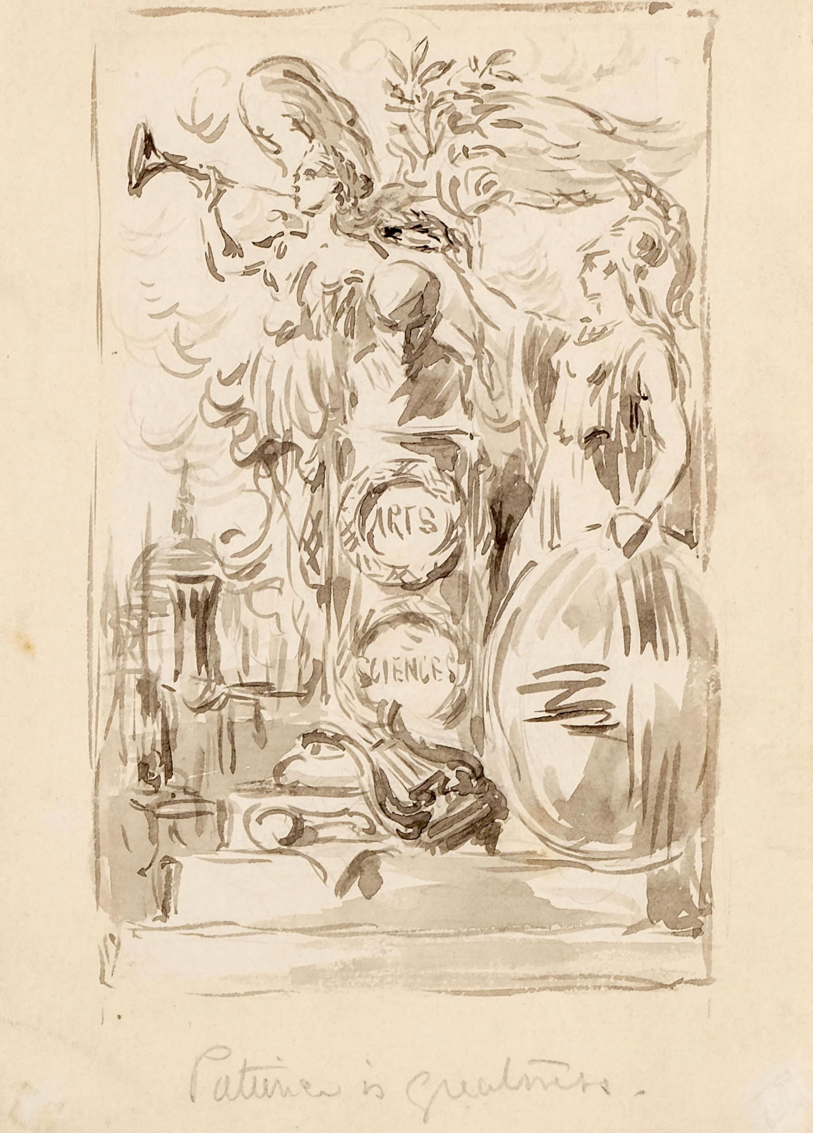 Antique Ink and Wash Painting, Allegorical Study Arts et Sciences (1 of 7)