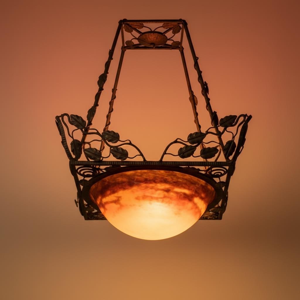 Signed Muller Freres Art Deco Wrought Iron and Glass Pendant Light, c. 1920 (1 of 7)