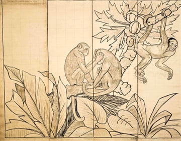 Signed Willi Ingold Art Deco Maquette with Monkeys, Pen and Charcoal Drawing / Painting