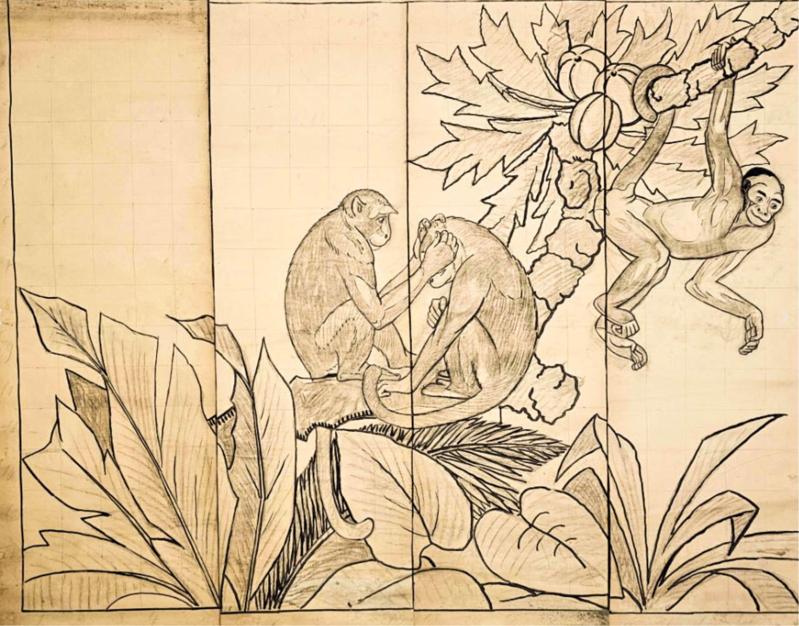 Signed Willi Ingold Art Deco Maquette with Monkeys, Pen and Charcoal Drawing / Painting (1 of 6)