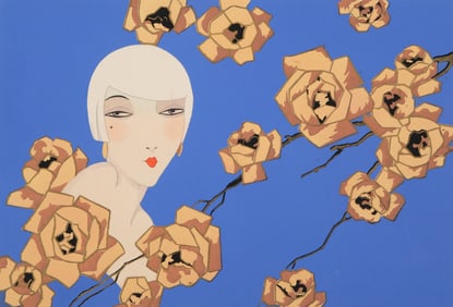 Signed GB Moro Art Deco Pochoir-Style Hand-Painted Enhanced Engraving