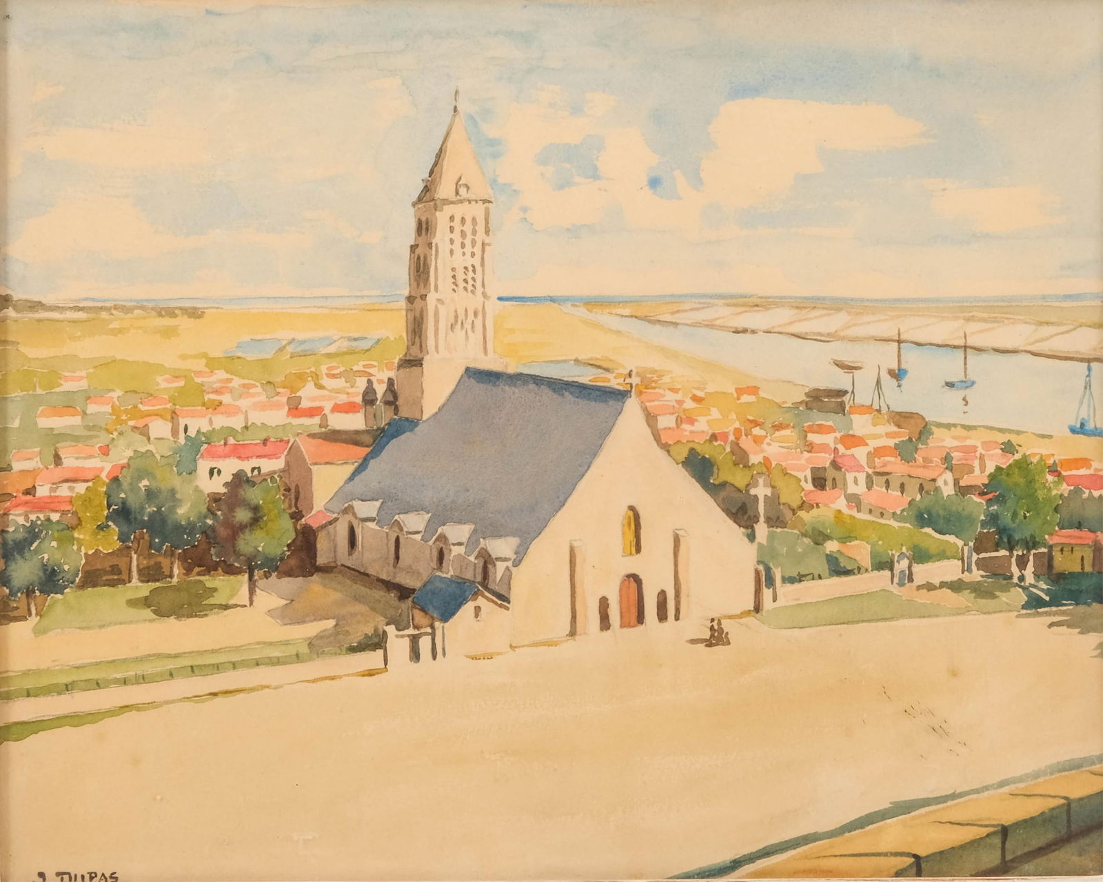 Jean Dupas, Landscape with Church, Art Deco Watercolor Painting, signed lower left "DUPAS" (1 of 12)