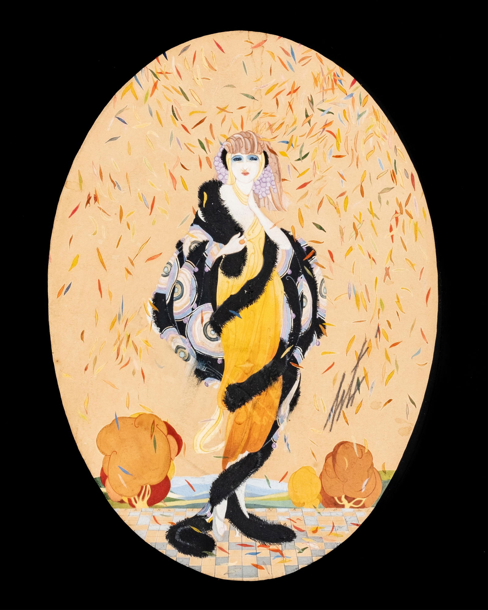 Erte Hand-Signed Original Theater Costume Drawing and Watercolor Painting, Early 20th Century: Keywords: Romain de Tirtoff, Costume design, Russian Ballet, Art Deco Painting, Jazz Age illustration, Modernist decorative arts, Early 20th Century fashion design, Avant-garde costume drawing, Interw