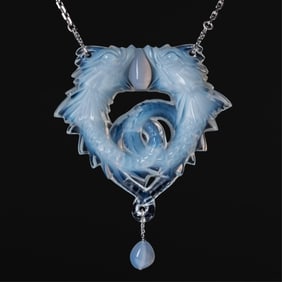 Lalique Opalescent Pendant in Original Box, Silver and Glass Necklace, 20th Century