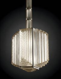 R. Lalique Normandie Frosted Glass Chandelier with Original Ceiling Cap and Pole Covers, Circa 1935