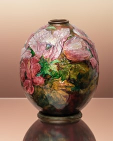 Camille Faure Signed, Enamelled Copper Vase with Poppies