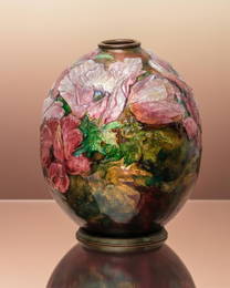 Camille Faure Signed, Enamelled Copper Vase with Poppies