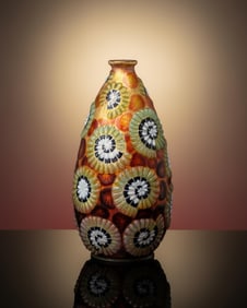 Camille Faure Limoges Rare Art Deco Enameled Copper Vase, Signed