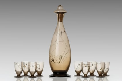 Daum Nancy 'Les Sports' Art Deco Enamelled Brown Smoked Glass Liqueur Set, c. 1930, Signed