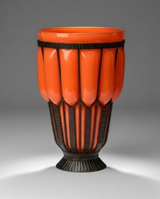 Daum - Majorelle signed art deco glass vase blown out into wrought iron mount, c. 1920 approx 14"