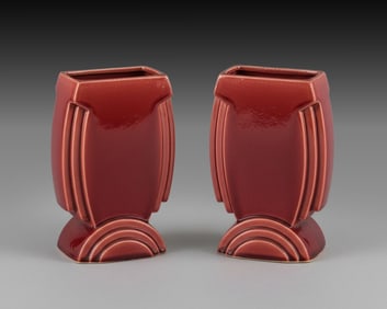 Pair of Saint-Clement Art Deco Vermilion Ceramic Vases, Signed