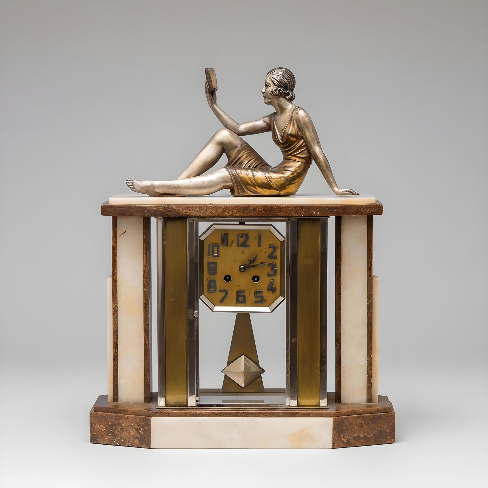 Chiparus Signed Art Deco Bronze Onyx & Marble Art Deco Clock: Keywords: Art Deco, Machine Age Design, Modernist Movement, Jazz Age Style, Interwar Decorative Arts, Early 20th Century Design, Demetre Chiparus style, Pierre Le Faguays style, Marcel-Andre Bouraine