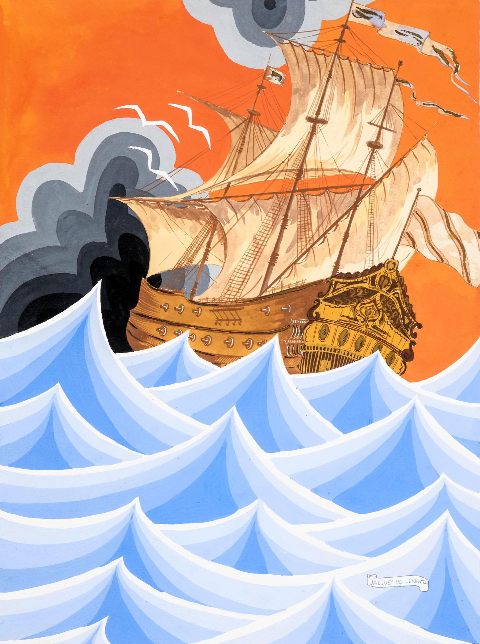 Jacques Pellerin, Boat in the Storm, Gouache Painting, Signed: Keywords: Art Deco, Modernist Movement, Mid-20th Century Illustration, Postwar European Art, Graphic Arts Tradition, Maritime Decorative Arts, Raoul Dufy style, Jean Dupas style, Andre Derain style, g