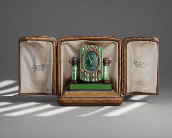 Tiffany & Co Gold Silver and Enamel Clock set with Jewels, Early 20th Century, Engraved Leather Case