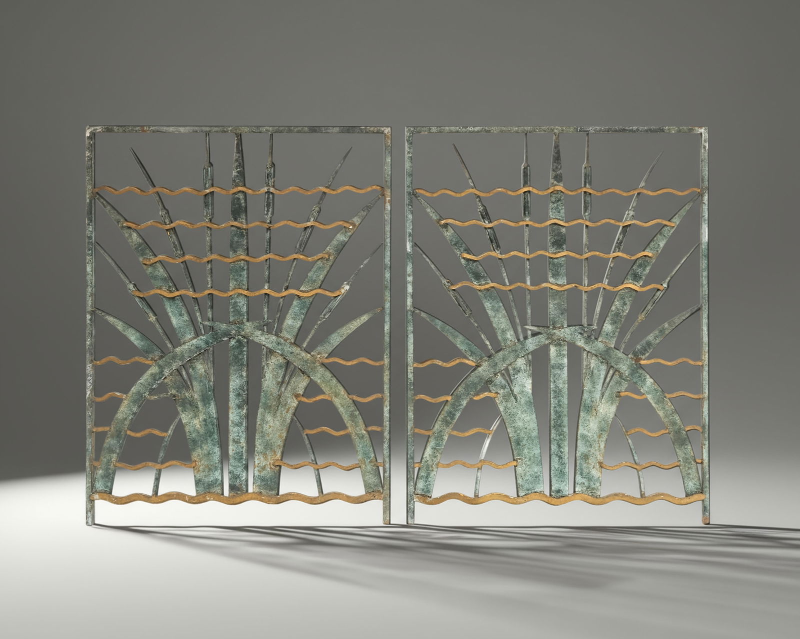 Art Deco Wall Sculpture Grilles Hand Wrought Sculpted, France c. 1925: Keywords: Art Deco Movement, Modernist Design, Machine Age Aesthetic, French Industrial Decorative Arts, Streamline Moderne, Early 20th Century Metalwork, Edgar Brandt style, Raymond Subes style, Paul