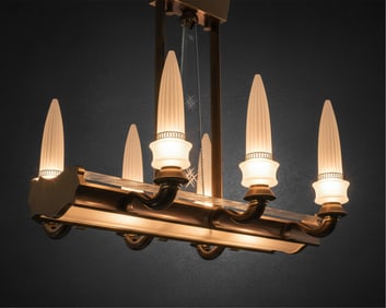 Exceptional French Art Deco Brass and Frosted Glass Chandelier, Circa 1930