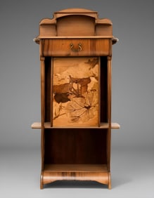 Louis Majorelle, Art Nouveau Carved Walnut Tall Cabinet with Inlaid Bird Panel, Nancy, Late 19th