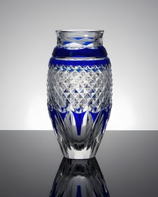 Val Saint Lambert Cobalt Overlay Cut Crystal Vase, Signed