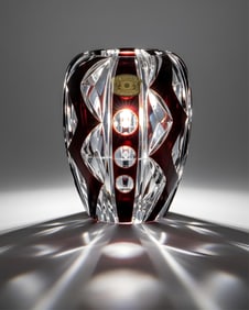 Val Saint Lambert Cased Red and Clear Cut Crystal Vase, Signed