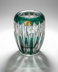 Val Saint Lambert Green Cut Crystal Vase, Signed