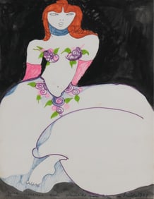 Signed Linda Le Kinff, Seated Woman, Watercolor and Pen Painting, 1974