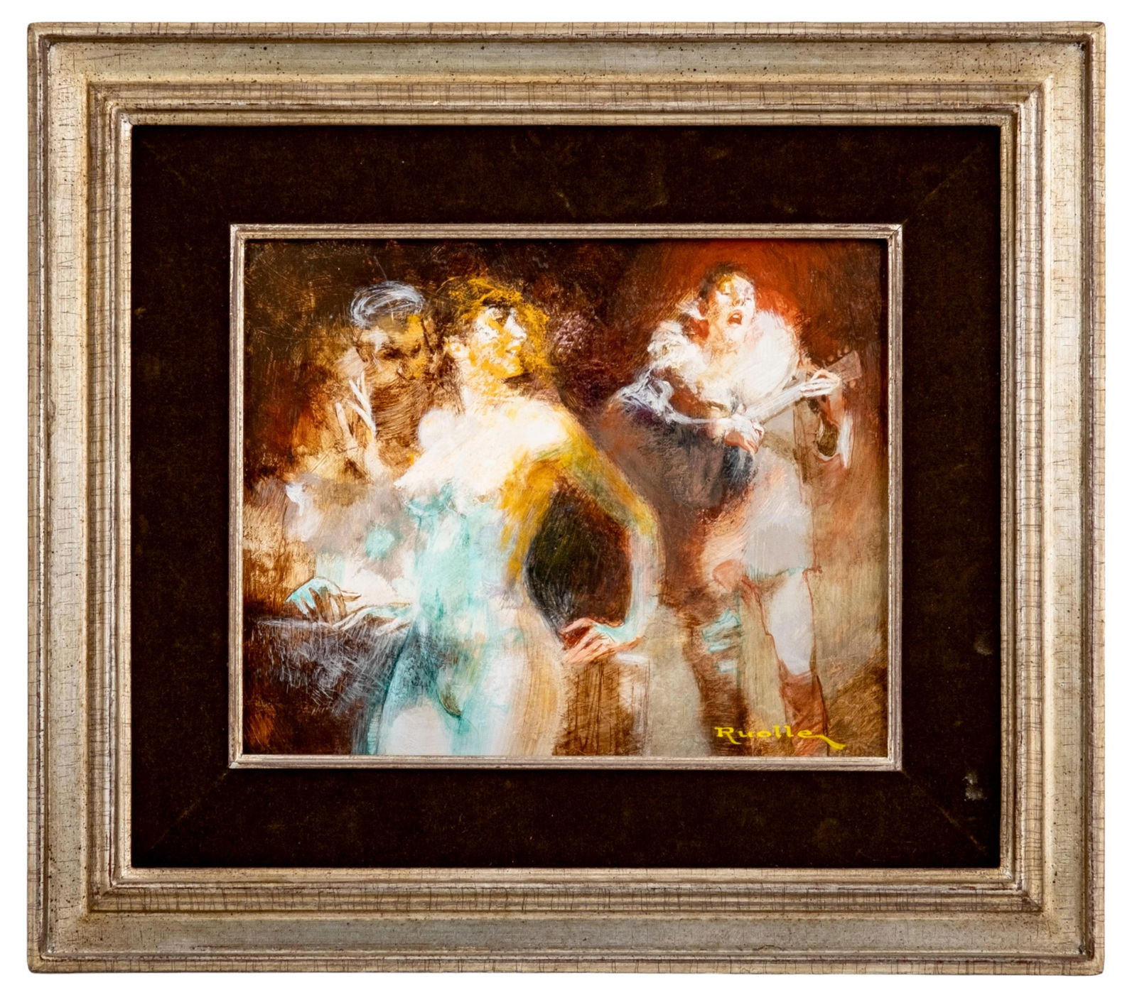 Lucien Ruolle Signed *the cabaret* Impressionist Oil on Canvas Painting, 20th C.: Keywords: Post-War Modernism, Figurative Expressionism, French Modernism, Fine Art, Painterly Movement, Contemporary Classicism, Impressionism, Marcel Dyf style, Jean Jansem styleLucien Ruolle (192519