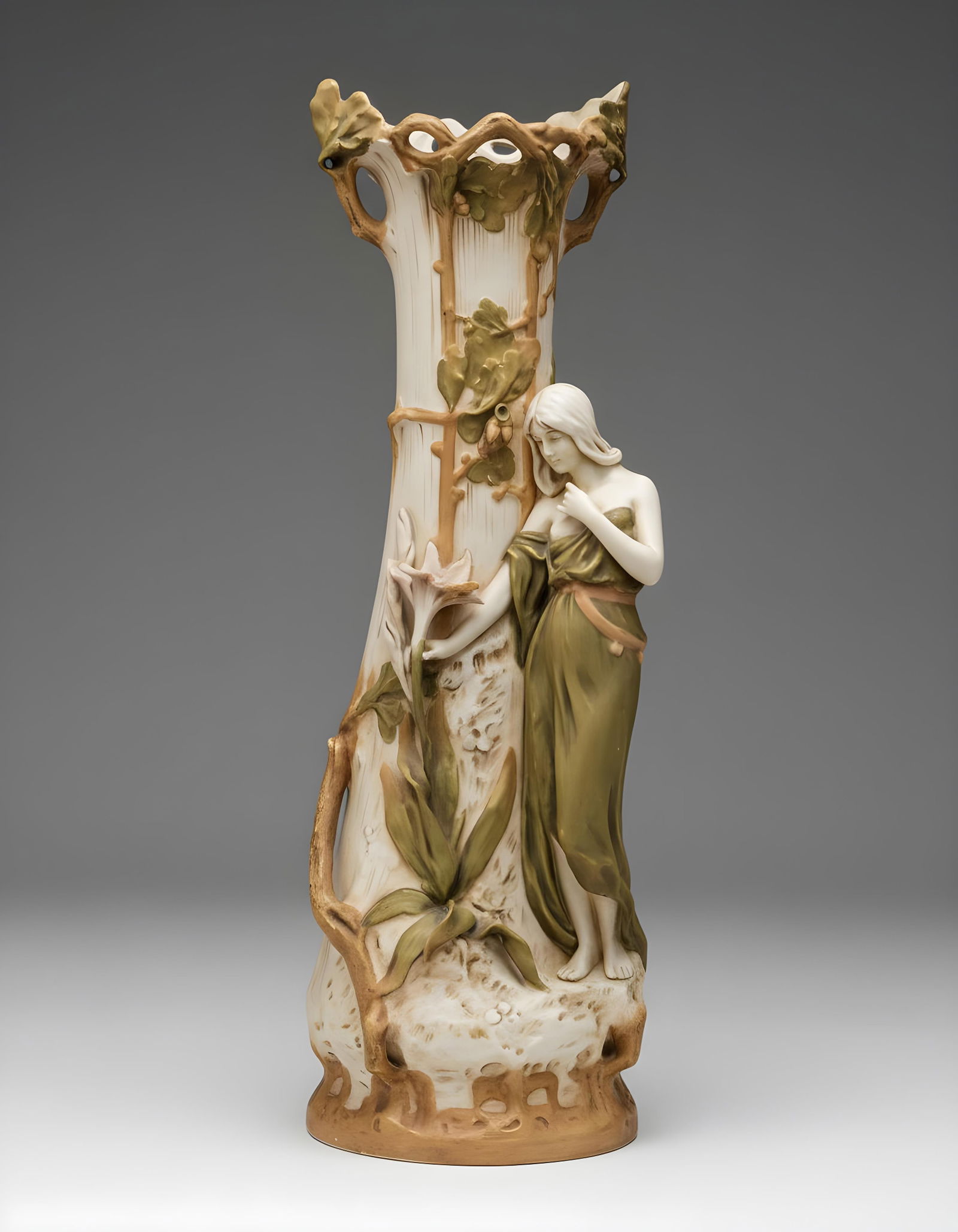 Royal Dux Art Nouveau Polychrome Biscuit Ceramic Vase, early 20th Century, signed: Keywords: Art Nouveau, Belle Epoque, Jugendstil, Symbolism Movement, Romantic Revival, Turn of the Century Decorative Arts, Alphonse Mucha style, Amphora Riessner Stellmacher Kessel style, Michael Pow