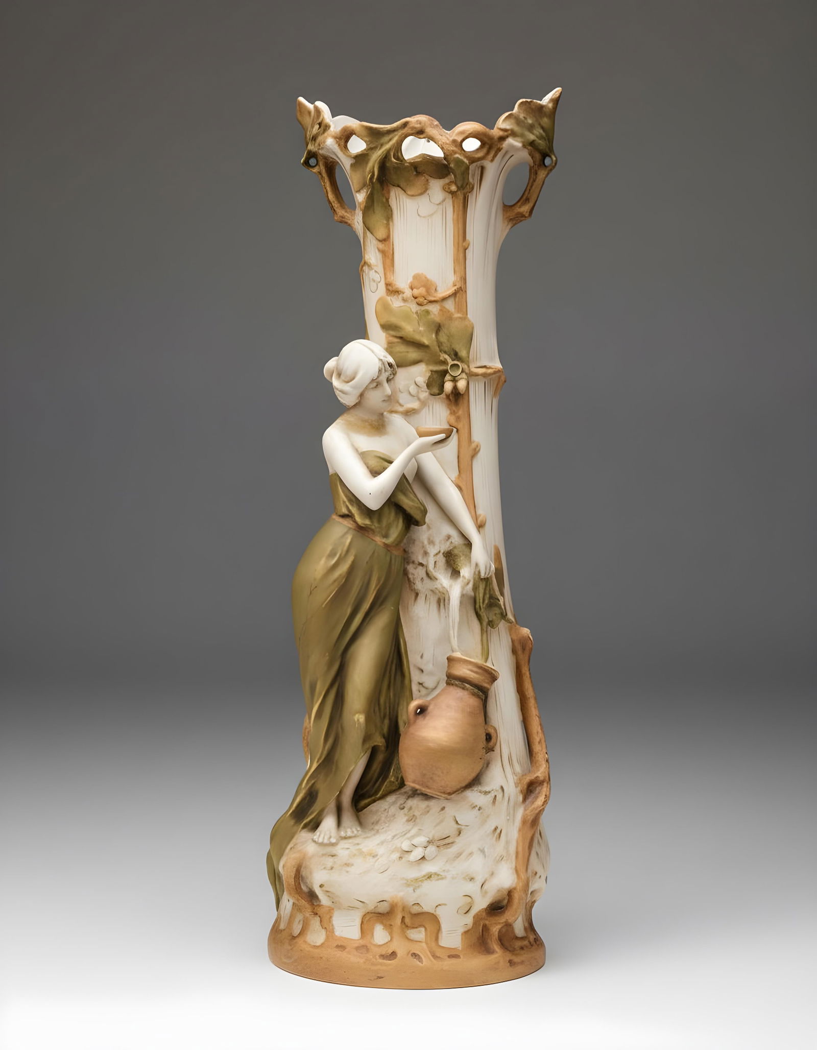 Royal Dux Art Nouveau Polychrome Biscuit Ceramic Vase, early 20th Century, signed: Keywords: Art Nouveau, Belle Epoque, Jugendstil, Symbolism Movement, Romantic Revival, Turn of the Century Decorative Arts, Alphonse Mucha style, Amphora Riessner Stellmacher Kessel style, Michael Pow