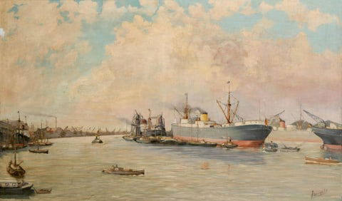F. Windels Signed Harbor Scene, Oil on Canvas Painting, 20th Century