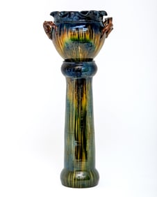 Gilbert Monteyne Signed Art Nouveau Art Pottery Planter on Pedestal, Early 20th Century