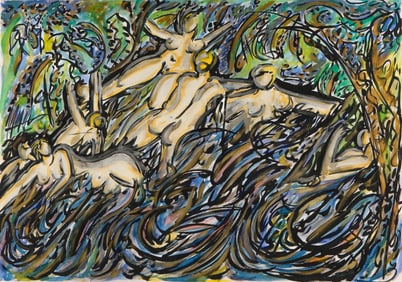 Alain Pouillet The Bathers, 1986, Signed Gouache and Watercolor Painting