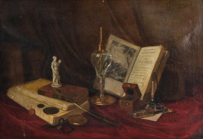 Signed Trompe l'oeil, Oil Painting on Canvas, Still Life with Books, Mid 19th Century