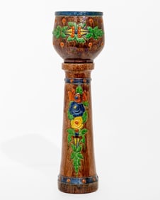 Flemish Art Nouveau Polychrome Art Pottery Planter with Floral Decoration on Pedestal, Early 20th