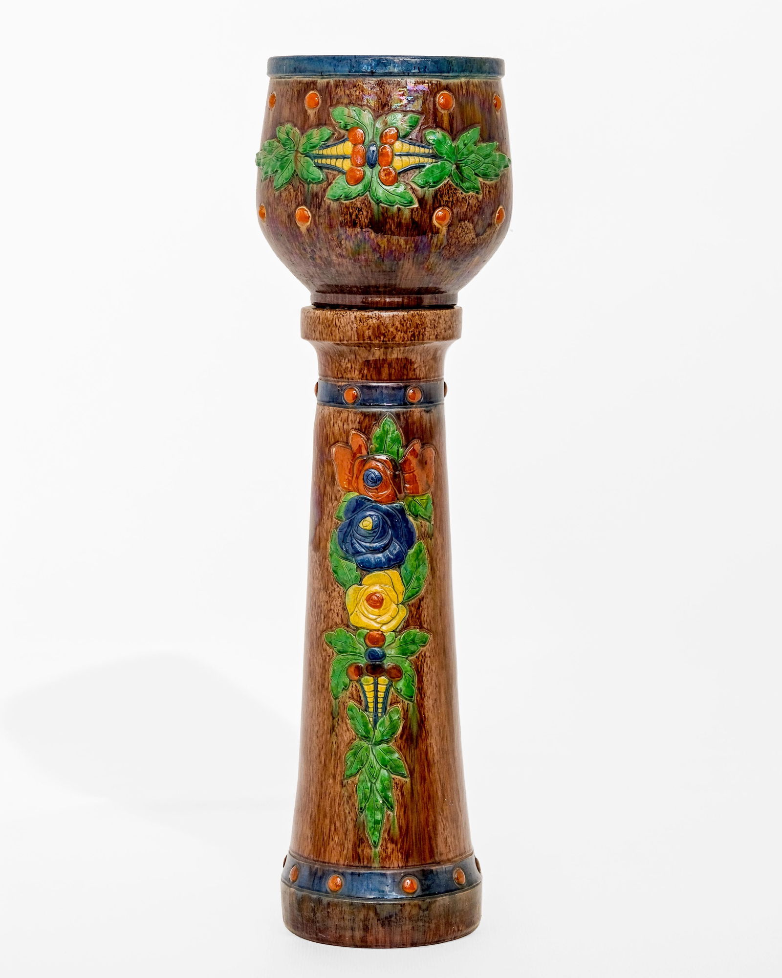 Flemish Art Nouveau Polychrome Art Pottery Planter with Floral Decoration on Pedestal, Early 20th (1 of 12)