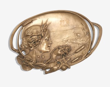 Art Nouveau Style Bronze Relief Tray with Female Profile