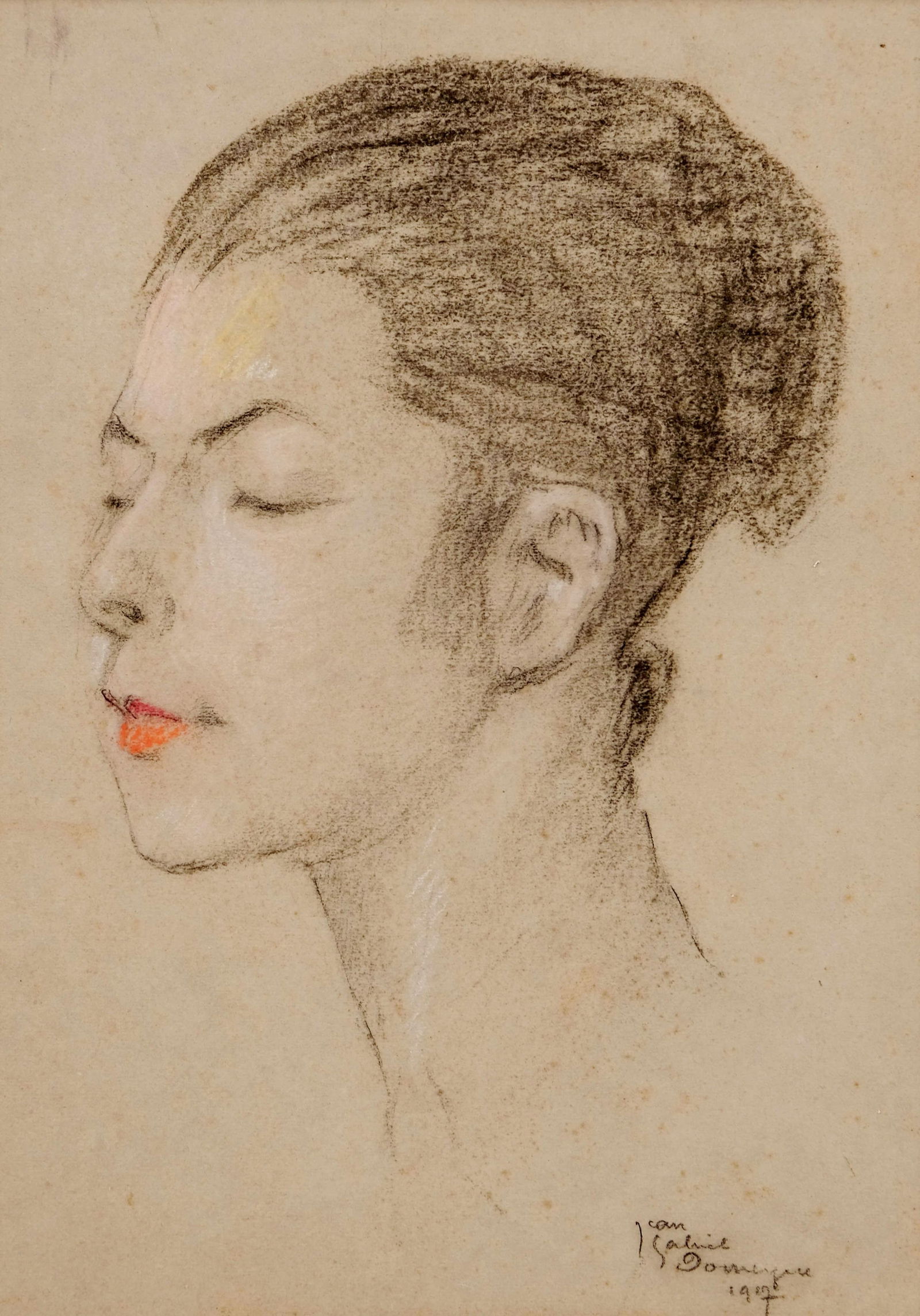 Jean-Gabriel Domergue Art Nouveau Charcoal and Oil Pastel Painting signed, dated 1917: Keywords: Art Deco Drawing, Belle Epoque, Modernist Portraiture, Early 20th Century French Art, Interwar Period Drawing, Parisian School, Tamara de Lempicka style, Kees van Dongen style, Amedeo Modigl