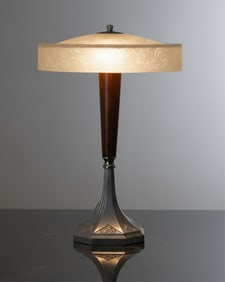 French Art Deco Table Lamp with Frosted Etched Art Glass Shade, Circa 1925, Signed