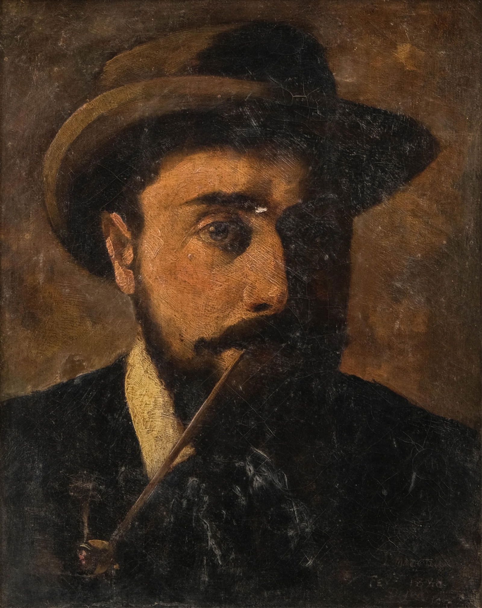 19th Century French School, Oil on Canvas Painting, Portrait of a Man with a Pipe, Signed and Dated (1 of 10)