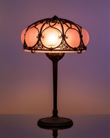 Edgar Brandt w. Daum, Wrought Iron and Pink Blown Out Art Glass Lamp, circa 1925