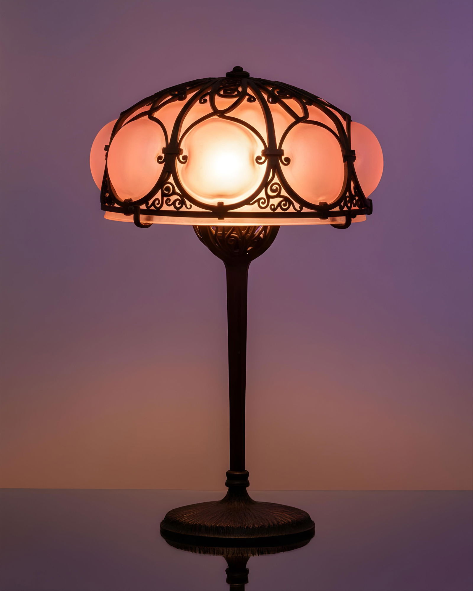 Edgar Brandt w. Daum, Wrought Iron and Pink Blown Out Art Glass Lamp, circa 1925 (1 of 9)