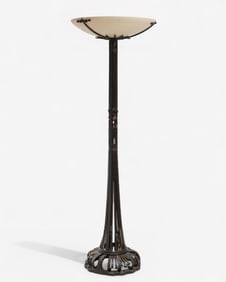 Paul Kiss or Edgar Brandt Art Deco Wrought Iron and Alabaster Floor Lamp, Circa 1930