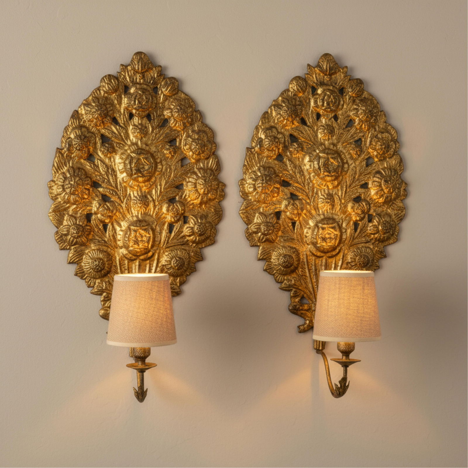 Pair of Art Nouveau Repousse Sconces with Embossed Gilded Brass Metal (1 of 8)