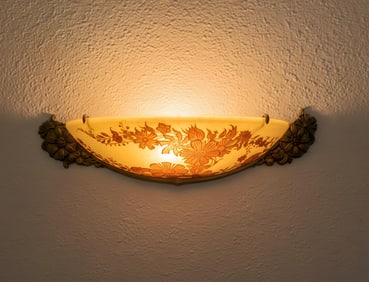 Emile Galle, "Stylized Flowers" Signed Double-Layer Acid-Etched Cameo Glass Wall Light, Circa 1905