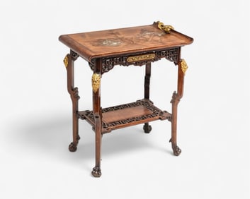 Gabriel Viardot, Tea Table Bronze Mounted, Engraved and Carved Mahogany, circa 1890