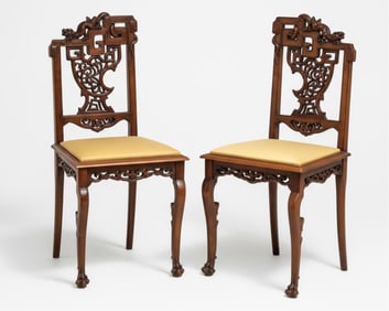 Gabriel Viardot Pair Orientalist Carved Mahogany Chairs, Circa 1900, Signed