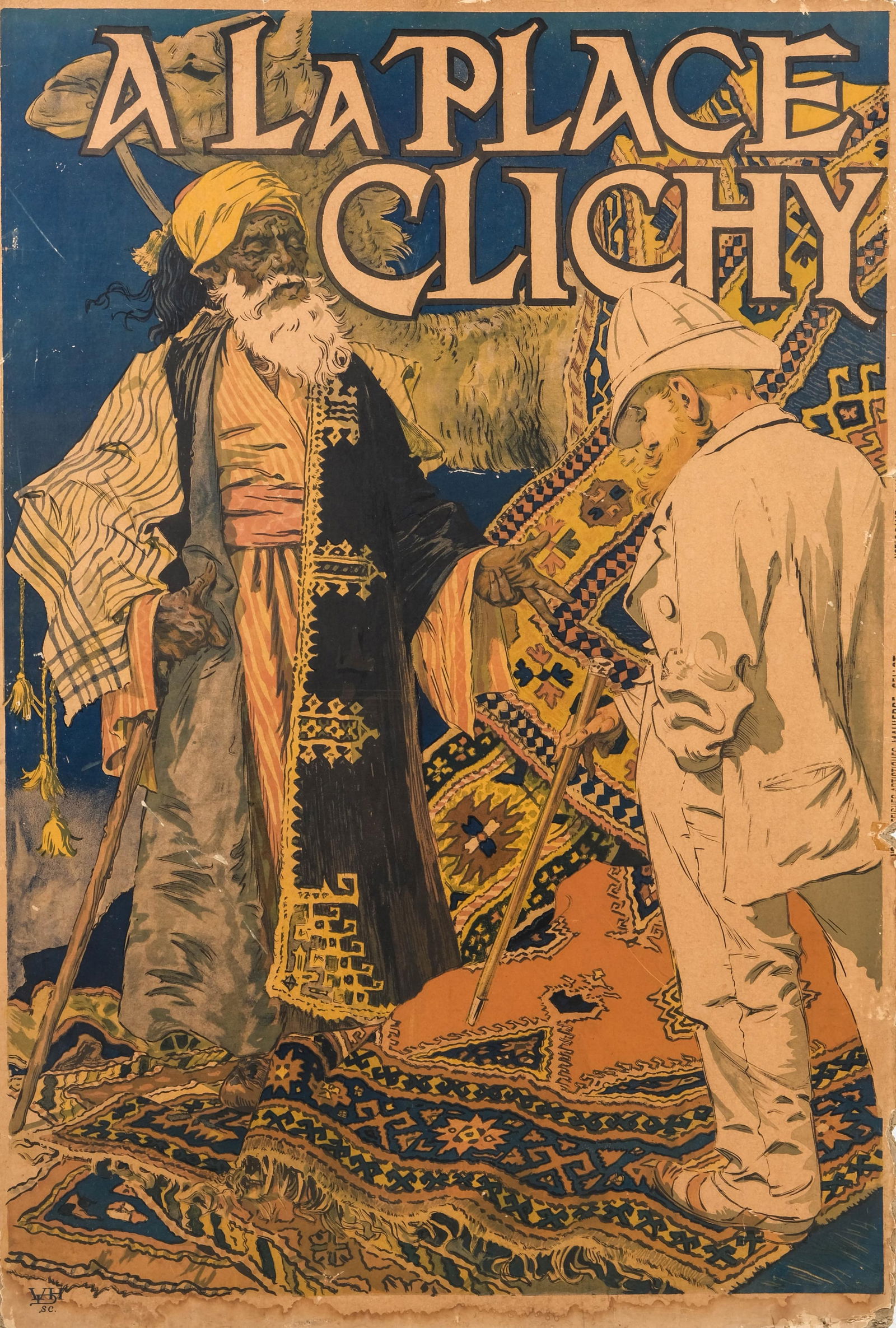 Eugene Grasset, "At La Place Clichy, " Antique Poster Mounted On Panel c. 1900: Keywords: Art Nouveau, Belle Epoque Poster Art, Fin de Siecle Design, French Graphic Arts, Decorative Arts Movement, Late 19th Century Advertising, Jules Cheret style, Alphonse Mucha style, Henri de T