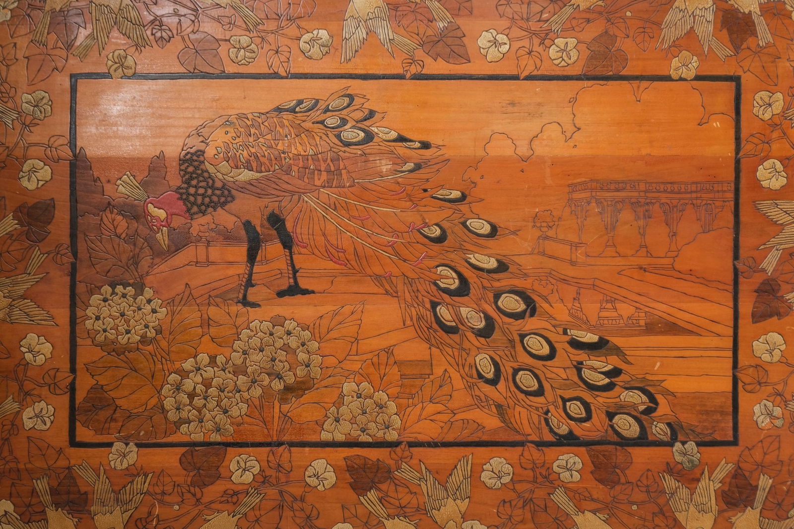 French Art Nouveau Carved and Embossed Lacquer Wood Panel with Peacock and Floral Motifs (1 of 14)