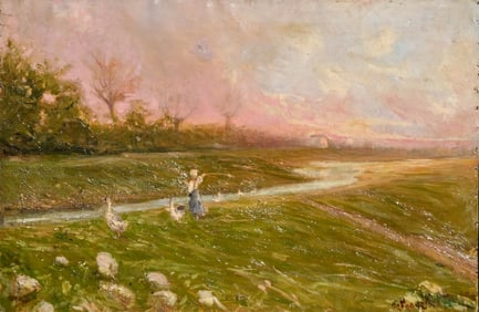 Mystery Artist: Signed Pastoral Landscape Oil Painting, Girl with Geese