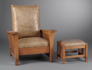 Stickley signed Adjustable Oak and Leather Reclining Armchair with Footstool, Mission Style, 20th